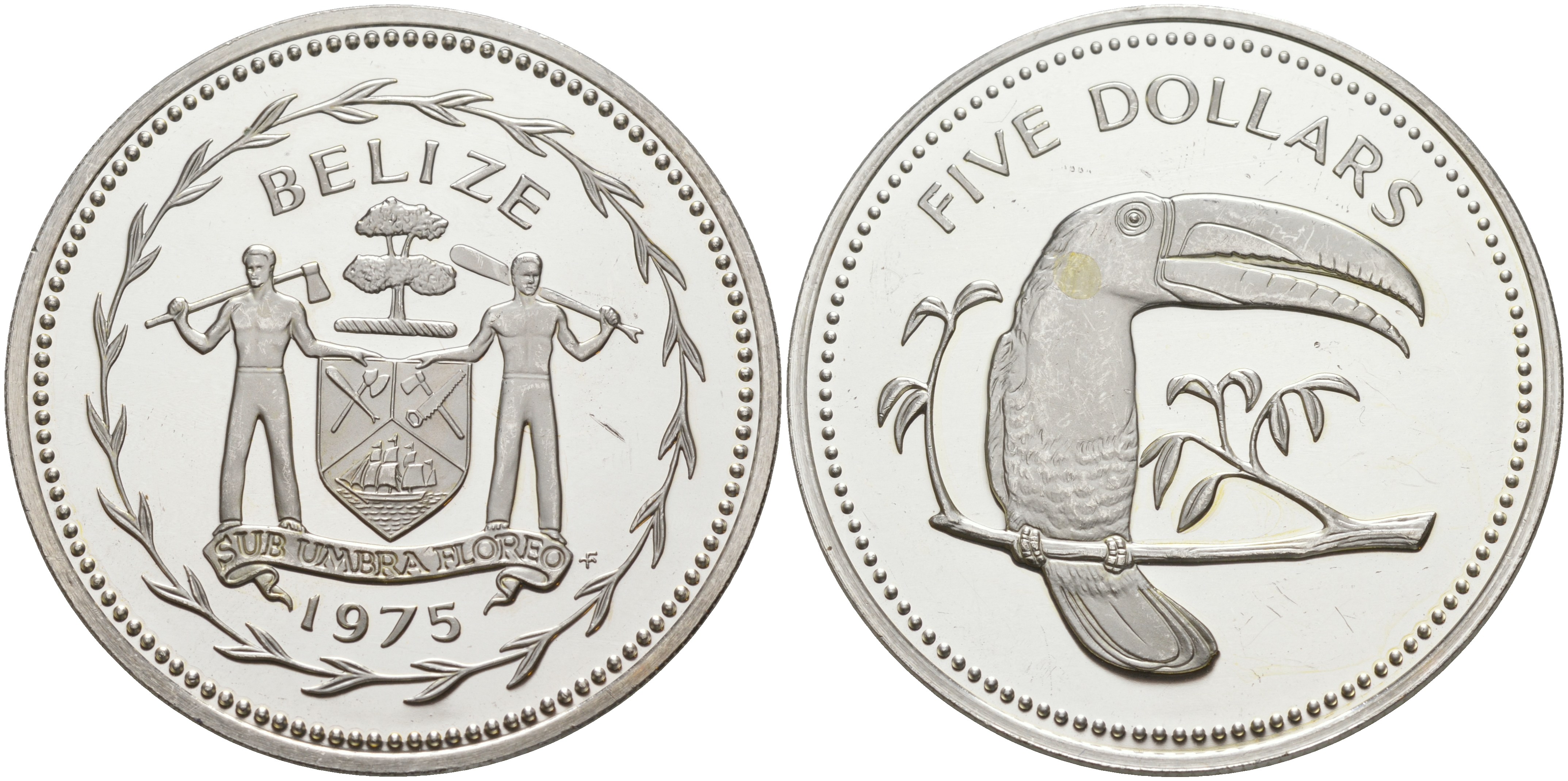 Белиз 5 долларов 1975 ТУКАН KM 44 медно-никель PROOF 00-00