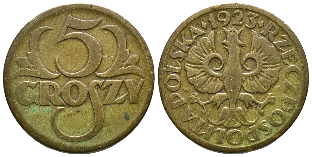 ПОЛЬША 5 ГРОШЕЙ 1923 KM 10 латунь 54-943
