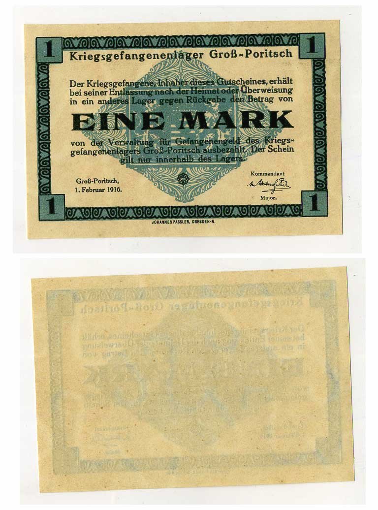 ГЕРМАНИЯ 1 МАРКА ND GROSS-PORITSCH, ЛАГЕРЬ ВОЕННОПЛЕННЫХ C-3048 бумага UNC (пресс) 504-22-2-2