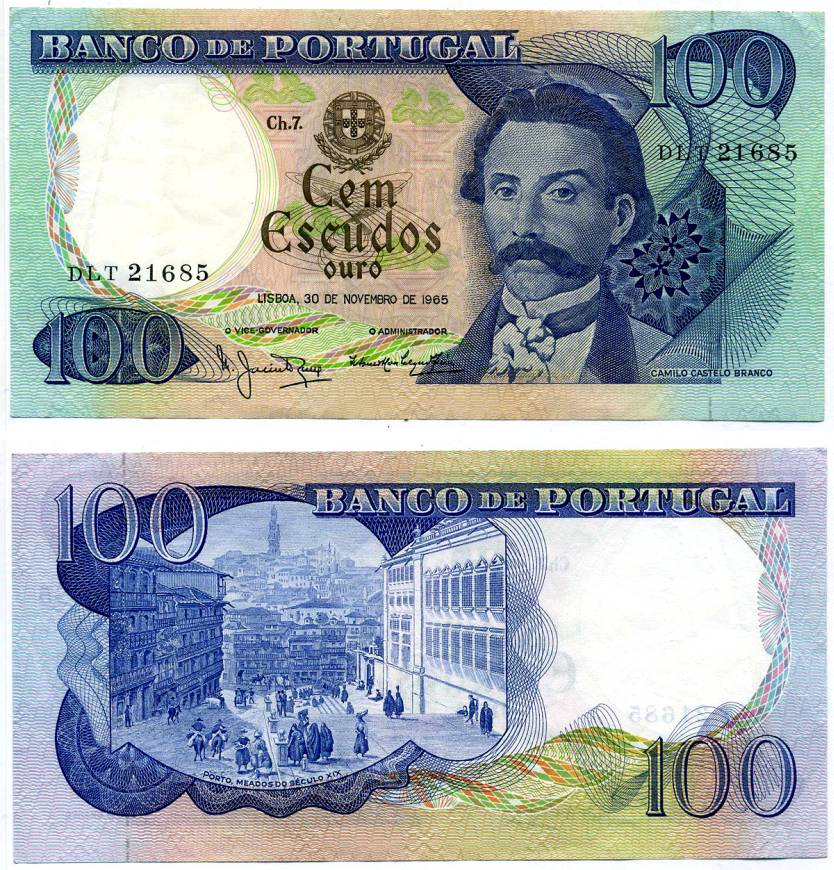 ПОРТУГАЛИЯ 100 ЭСКУДО 1965 30 НОЯБРЯ 1965, КАМИЛО КАСТЕЛО БРАНКО Pick 169a бумага VF 7203-27-1