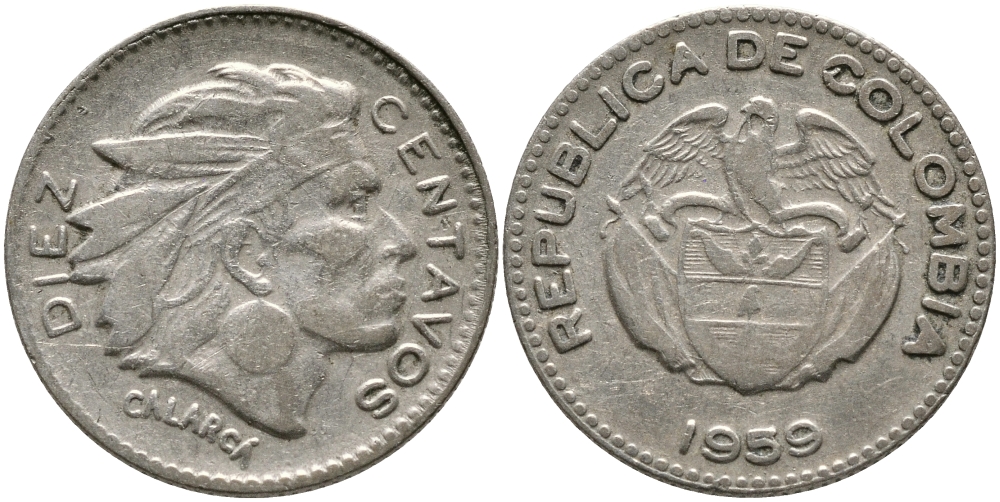 Колумбия 10 сентаво 1959 индеец Каларка KM 212.2 медно-никель 4392-1262