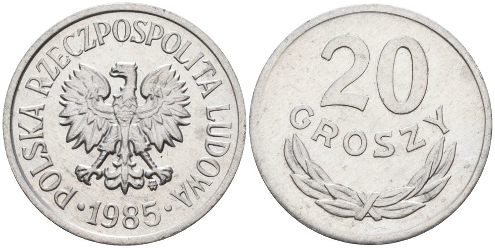 ПОЛЬША 20 ГРОШЕЙ 1985 MW KM А47 алюминий 75-563