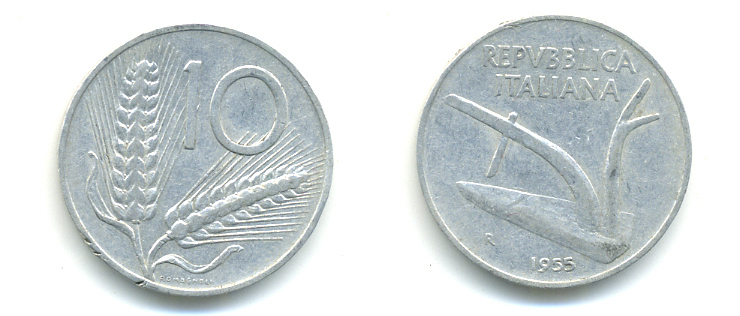 ИТАЛИЯ 10 ЛИР 1955 R, КОЛОСЬЯ, ПЛУГ KM 93 алюминий 86-947