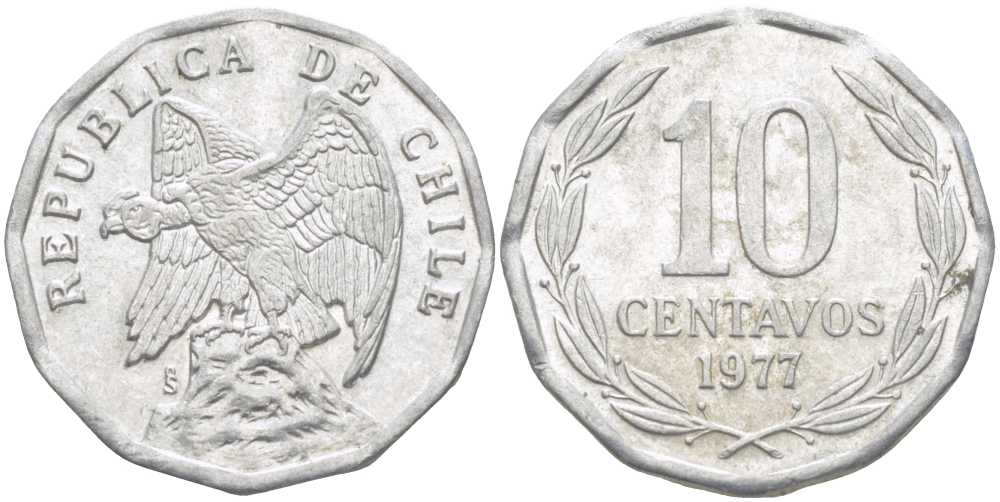 Чили 10 сентаво 1977 KM 205a алюминий 4402-354