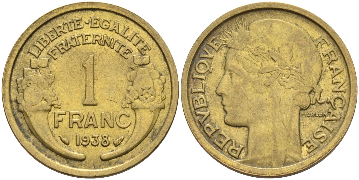 Франция 1 франк 1938 KM 885, Le Franc 219.2 алюминиевая бронза 4142-845