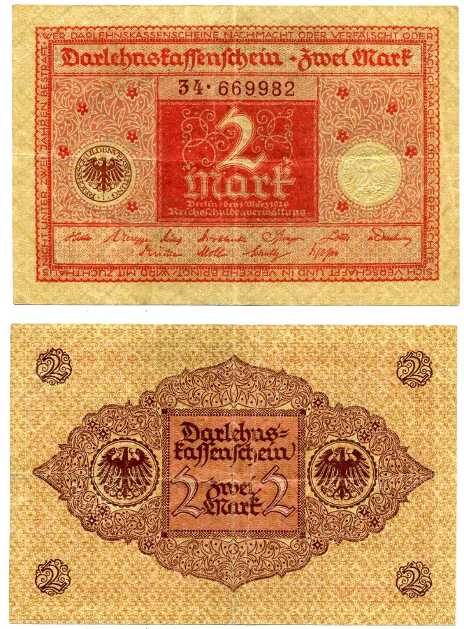 Германия 2 марки 1920 1 марта 1920, красная, серия 34 Pick 59, Розенберг 65b бумага 2195-36-2-1