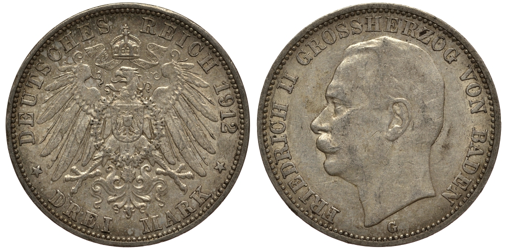 Баден 3 марки 1912 Фридрих II (1907-1918) J. 39, KM 280 серебро    3711-1734