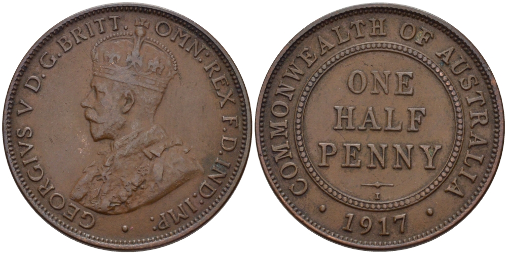 АВСТРАЛИЯ 1/2 ПЕННИ 1917 ГЕОРГ V KM 22 бронза 67-1214