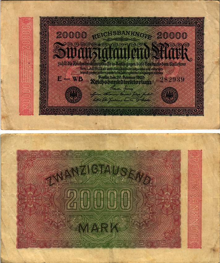 ГЕРМАНИЯ 20000 МАРОК 1923 20 ФЕВРАЛЯ 1923, ВОДЯНОЙ ЗНАК Е, G/D В ЗВЁЗДАХ, ШЕСТИЗНАЧНЫЙ НОМЕР, СЕРИЯ WB Pick 85b, Розенберг 84е бумага 8615-74-1-2