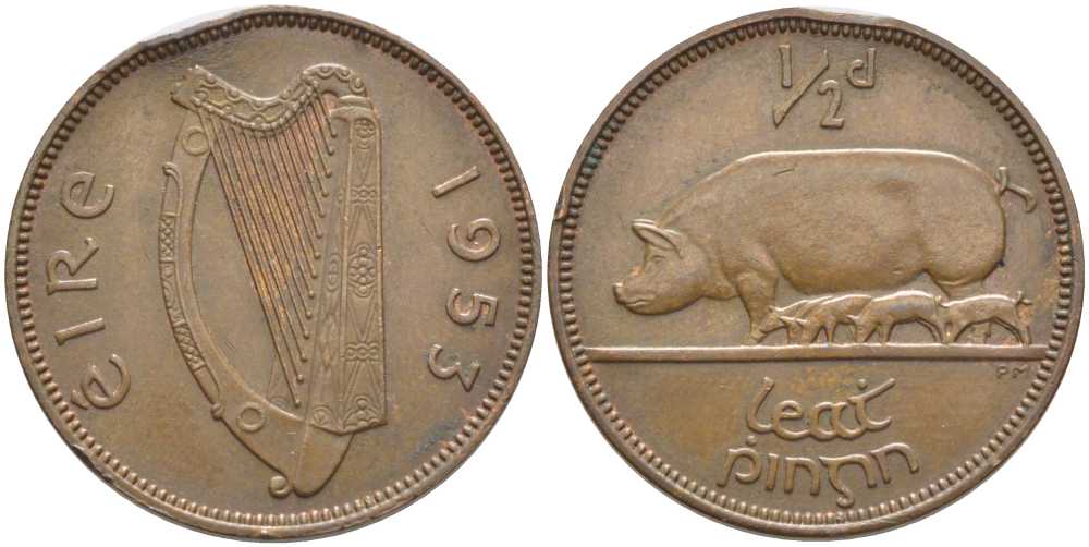 ИРЛАНДИЯ 1/2 ПЕННИ 1953 СВИНЬЯ С ПОРОСЯТАМИ KM 10 бронза 113-343