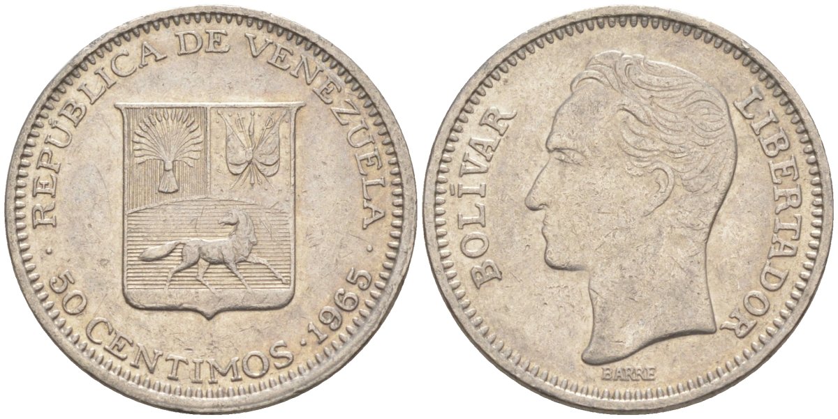 Венесуэла 50 сентимо 1965 Симон Боливар KM 41, Schon 51 никель 186-824