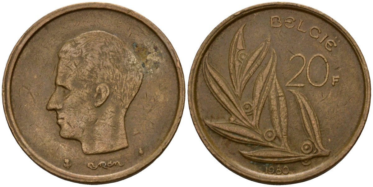 Бельгия 20 франков 1980 Belgie, Бодуэн I (1951-1993) KM 160 никель бронза 4599-143