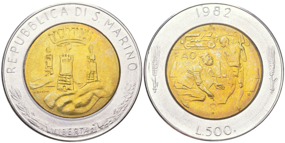 Сан-Марино 500 лир 1982 социальные достижения KM 140 биметалл UNC 4148-754