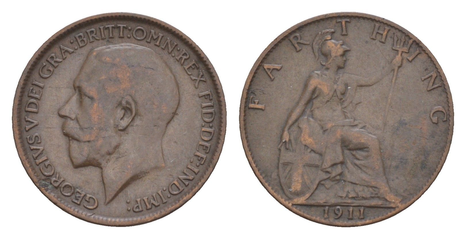 Великобритания 1 фартинг 1911 Георг V (1910-1936) KM 808.1, Spink 4059 бронза 4651-1159