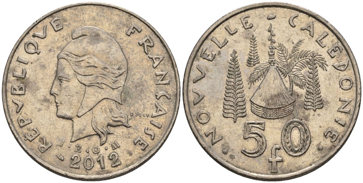 Французская Новая Каледония 50 франков 2012 хижина среди сосен и пальм, (IEOM) KM 13a, Schoen 15a, Lec 128i медно-никель 4111-1015