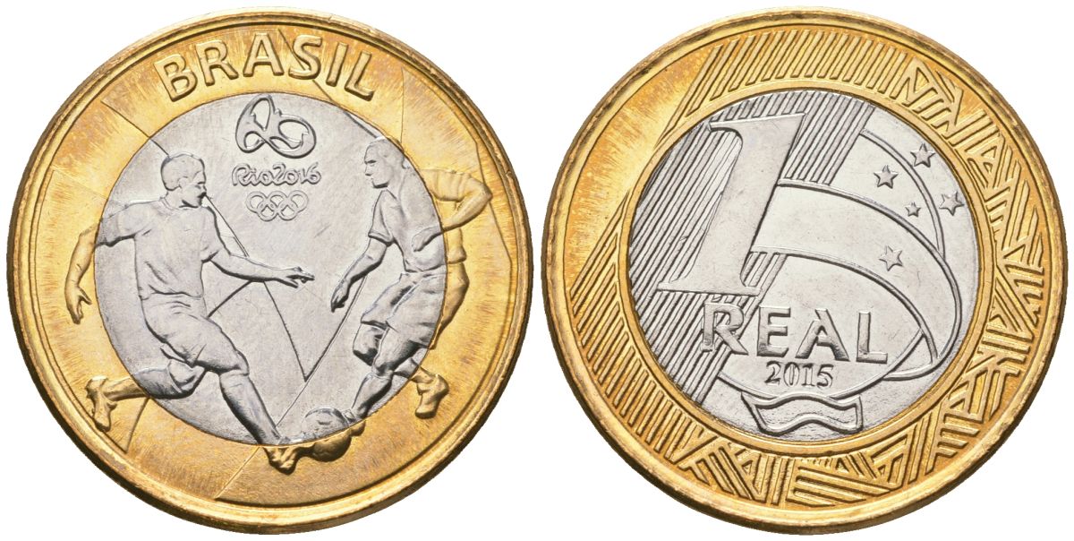 Бразилия 1 реал 2015 XXXI летние Олимпийские Игры, Рио-де-Жанейро 2016 - Футбол KM 708 биметалл UNC 4140-133