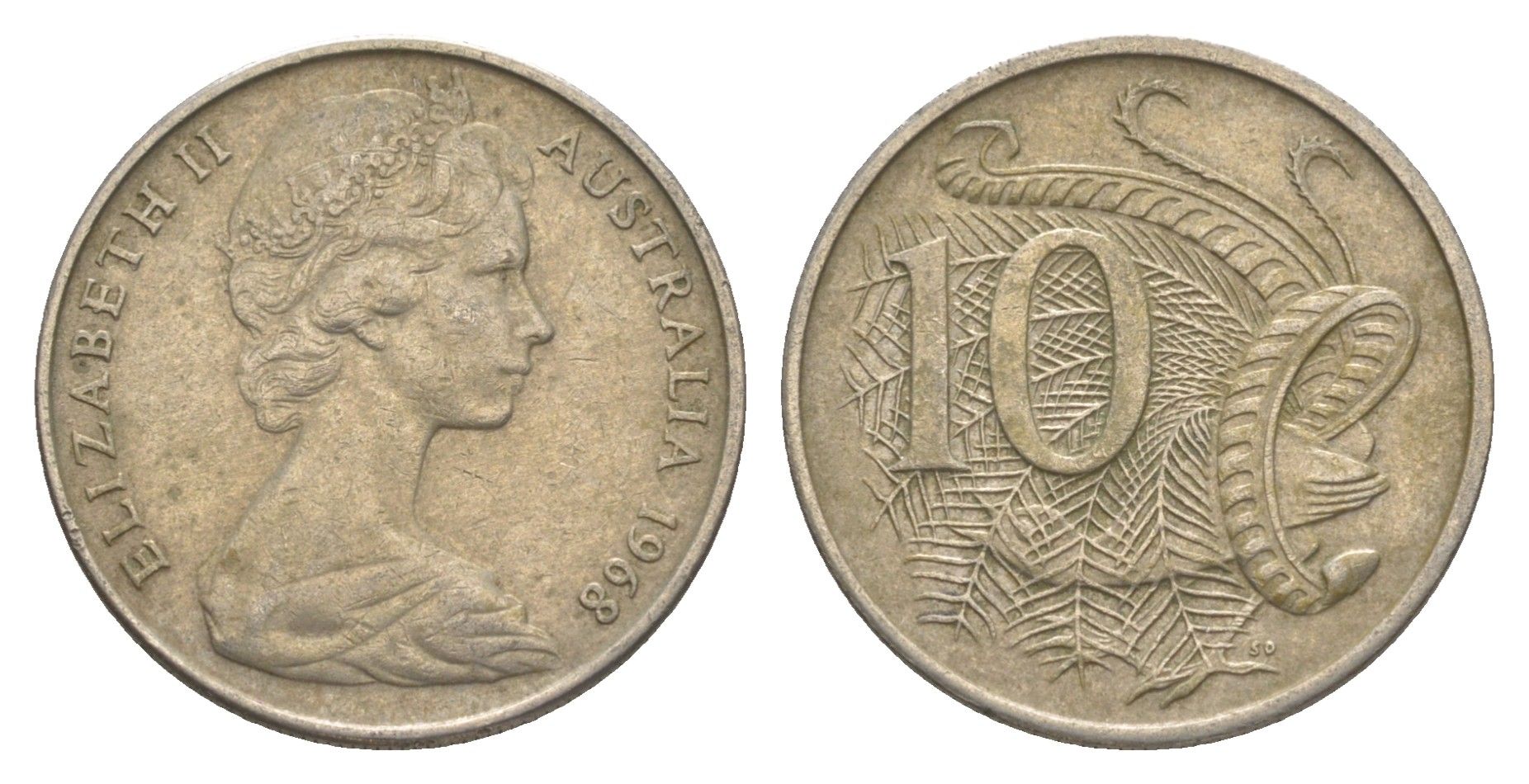 Австралия 10 центов 1968 Елизавета II (1952-2022), птица лирахвост KM 65 медно-никель 4364-3556