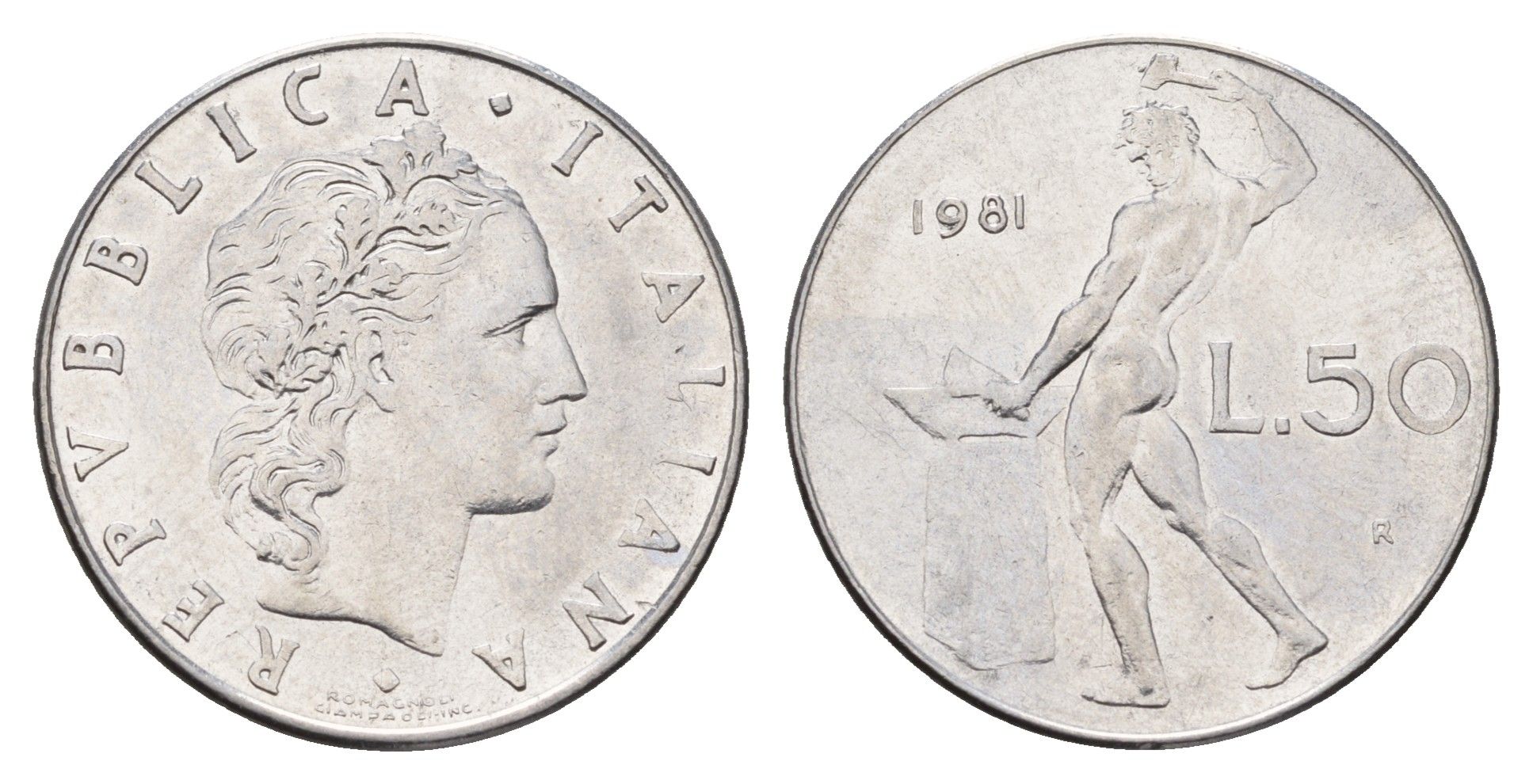 Италия 50 лир 1981 R, Бог огня Вулкан у наковальни KM 95.1 нержавеющая сталь 202-251