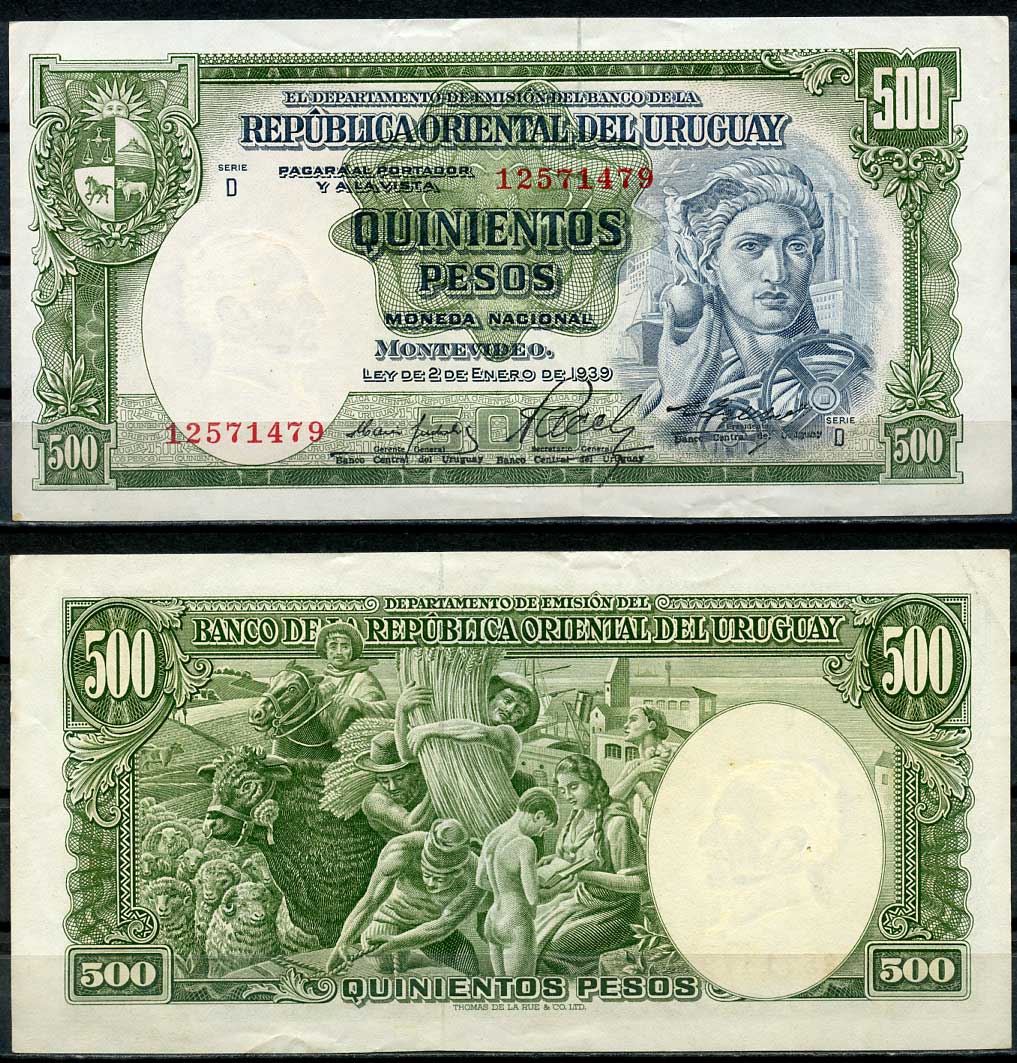 Уругвай 500 песо 1939 (1967) индустрия, фермеры, серия D, Banco Central del Uruguay Pick 44 b  бумага   451-3-1