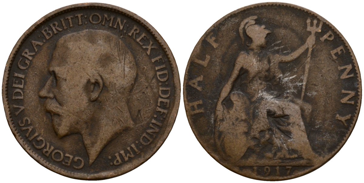 Великобритания 1/2 пенни 1917 Георг V (1910-1936) KM 809, Spink 4056 бронза 4601-426