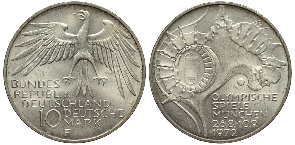 ФРГ 10 МАРОК 1972 F, ОЛИМПИАДА, СТАДИОН KM 133, J.404 серебро UNC 413-4835