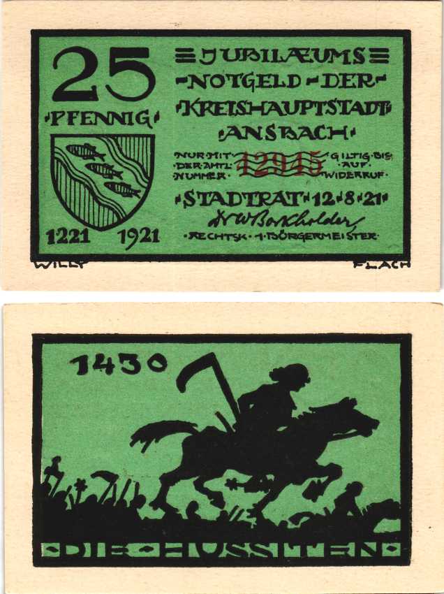 АНСБАХ 25 ПФЕННИГОВ 1921 НОТГЕЛЬД, 12 АВГУСТА 1921, ГОД 1221, ЗЕМЛЯ БАВАРИЯ Grabowski 35.1а бумага 7222-70-3-2
