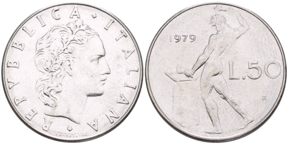ИТАЛИЯ 50 ЛИР 1979 R, БОГ ОГНЯ ВУЛКАН У НАКОВАЛЬНИ KM 95.1 нержавеющая сталь 4525-954