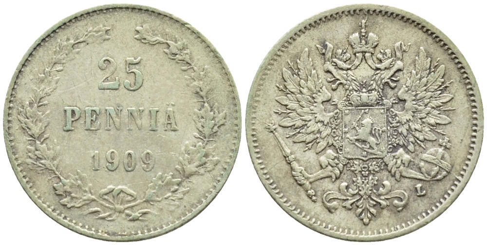 Россия для Финляндии 25 пенни 1909 L, Николай II (1894-1917) KM 6.2, Биткин 417 серебро 57-1121