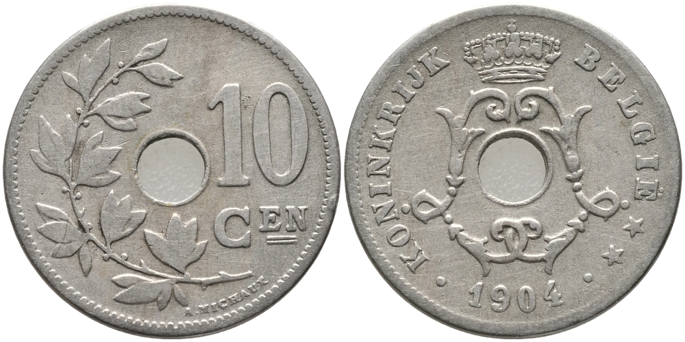 БЕЛЬГИЯ 10 САНТИМОВ 1904 BELGIE KM 53 медно-никель 3999-115