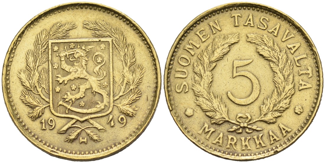 ФИНЛЯНДИЯ 5 МАРОК 1949 H KM 31a латунь 4563-357