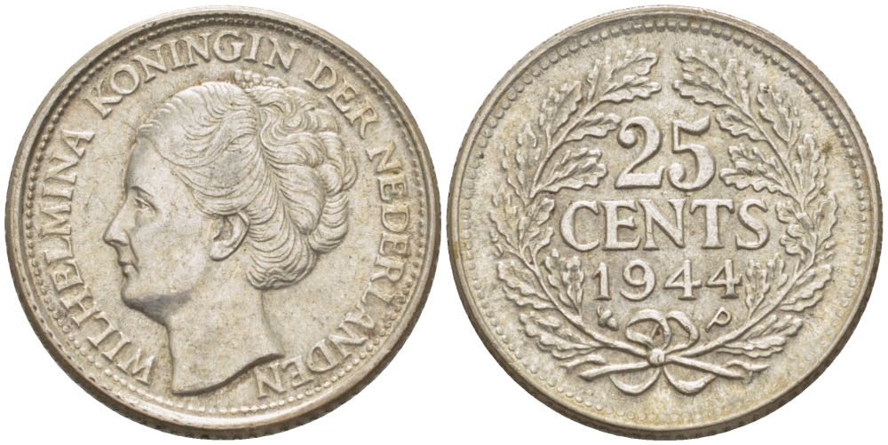 Нидерланды 25 центов 1944 Вильгельмина (1890-1948) KM 164 серебро aUNC 66-1155