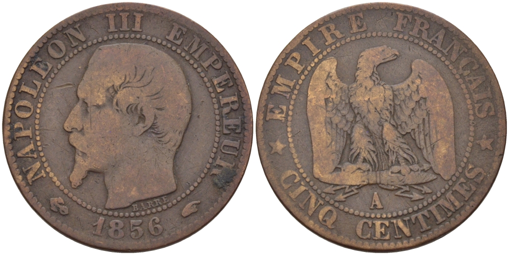 ФРАНЦИЯ 5 САНТИМОВ 1956 А, НАПОЛЕОН III (1852-1870) KM 777.1, LA FRANC 116.30 бронза 28-631
