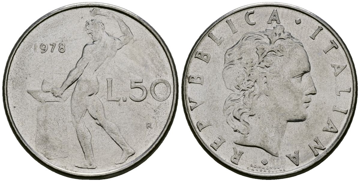 Италия 50 лир 1978 R, бог огня Вулкан у наковальни KM 95.1 нержавеющая сталь 4138-622
