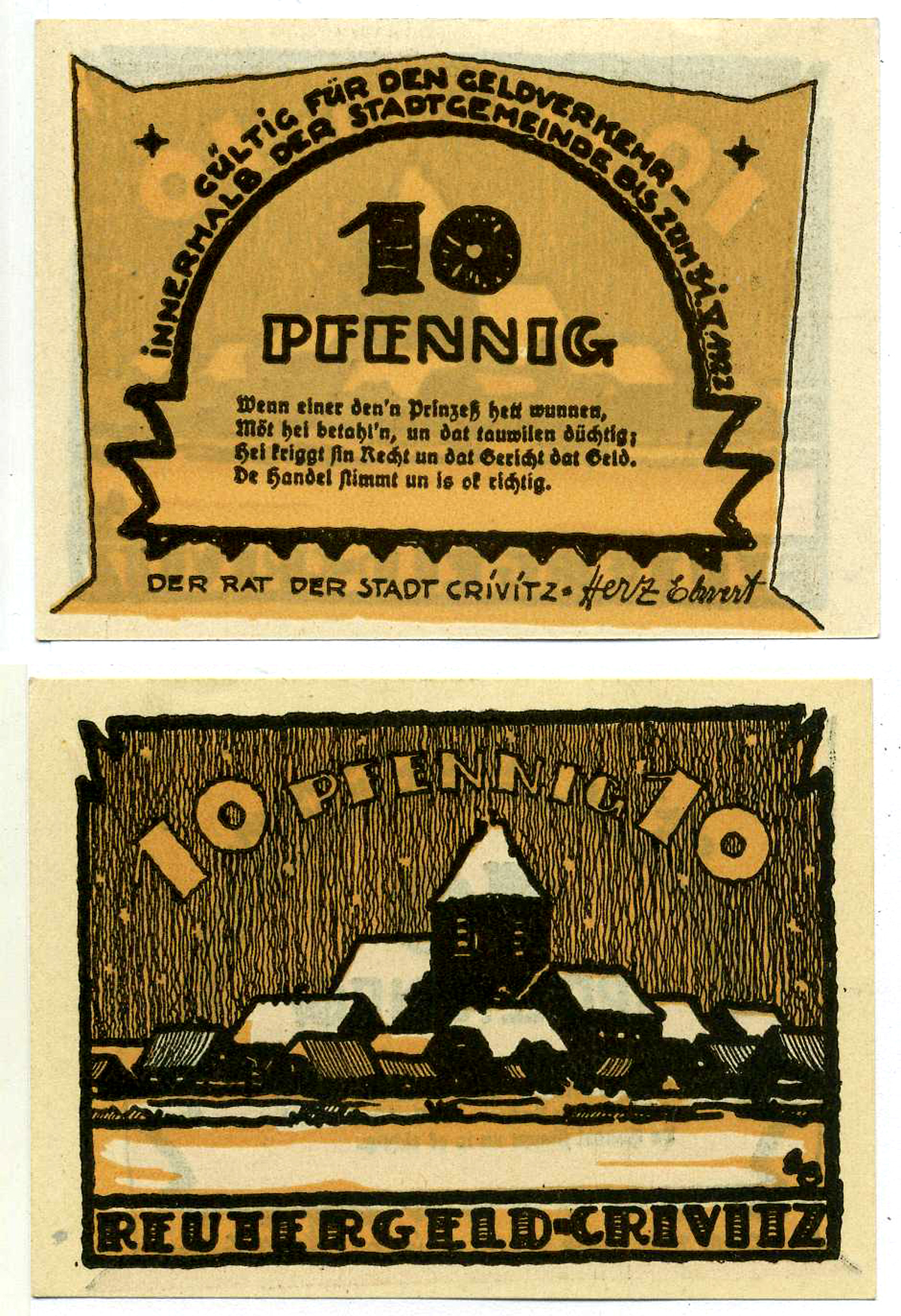 КРИВИЦ 10 ПФЕННИГОВ 1922 ДО 31 МАЯ 1922, НОТГЕЛЬД, ЗЕМЛЯ МЕКЛЕНБУРГ ВЕРХНЯЯ ПОМЕРАНИЯ Grabowski 247.2 бумага 2193-12-1-1