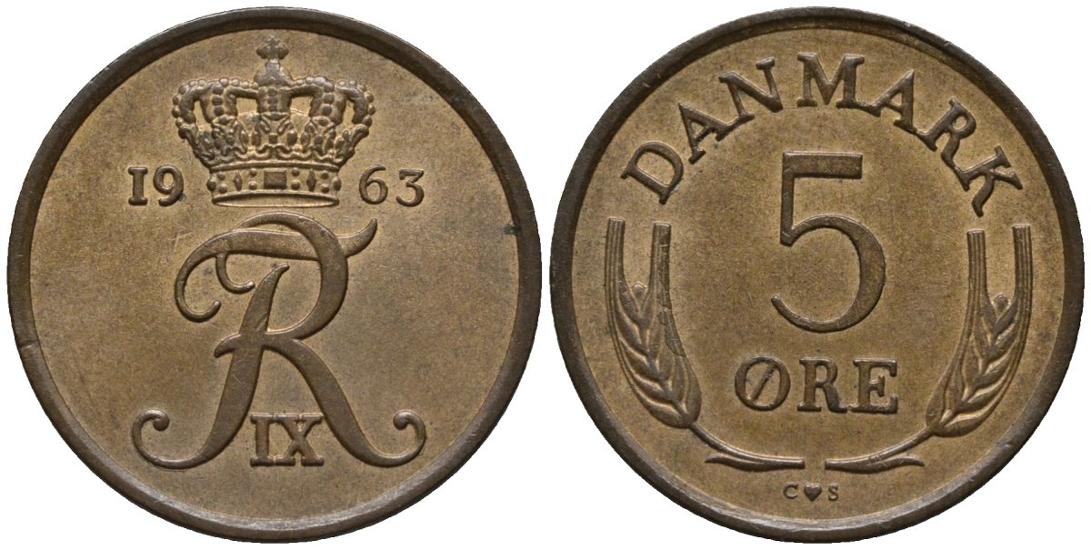 Дания 5 эре 1963 Фредерик IX (1947-1972) KM 848 бронза 4577-741