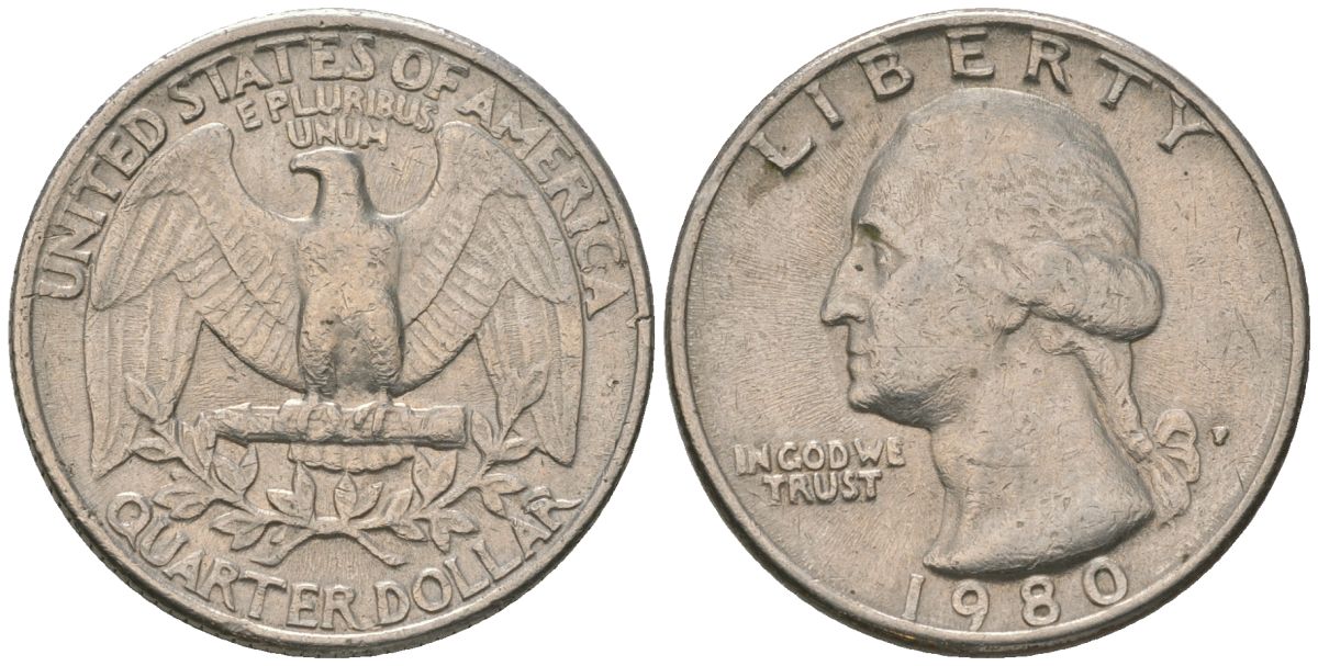 США 25 центов (квотер) 1980 P, Вашингтон KM A164a медь плакированная медно-никелем 4597-742