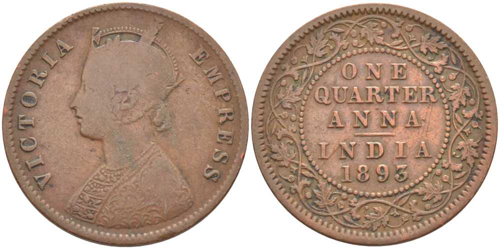 Британская Индия 1/4 анна 1893 Виктория (1837-1901), имперская чеканка KM 486 медь 119-214