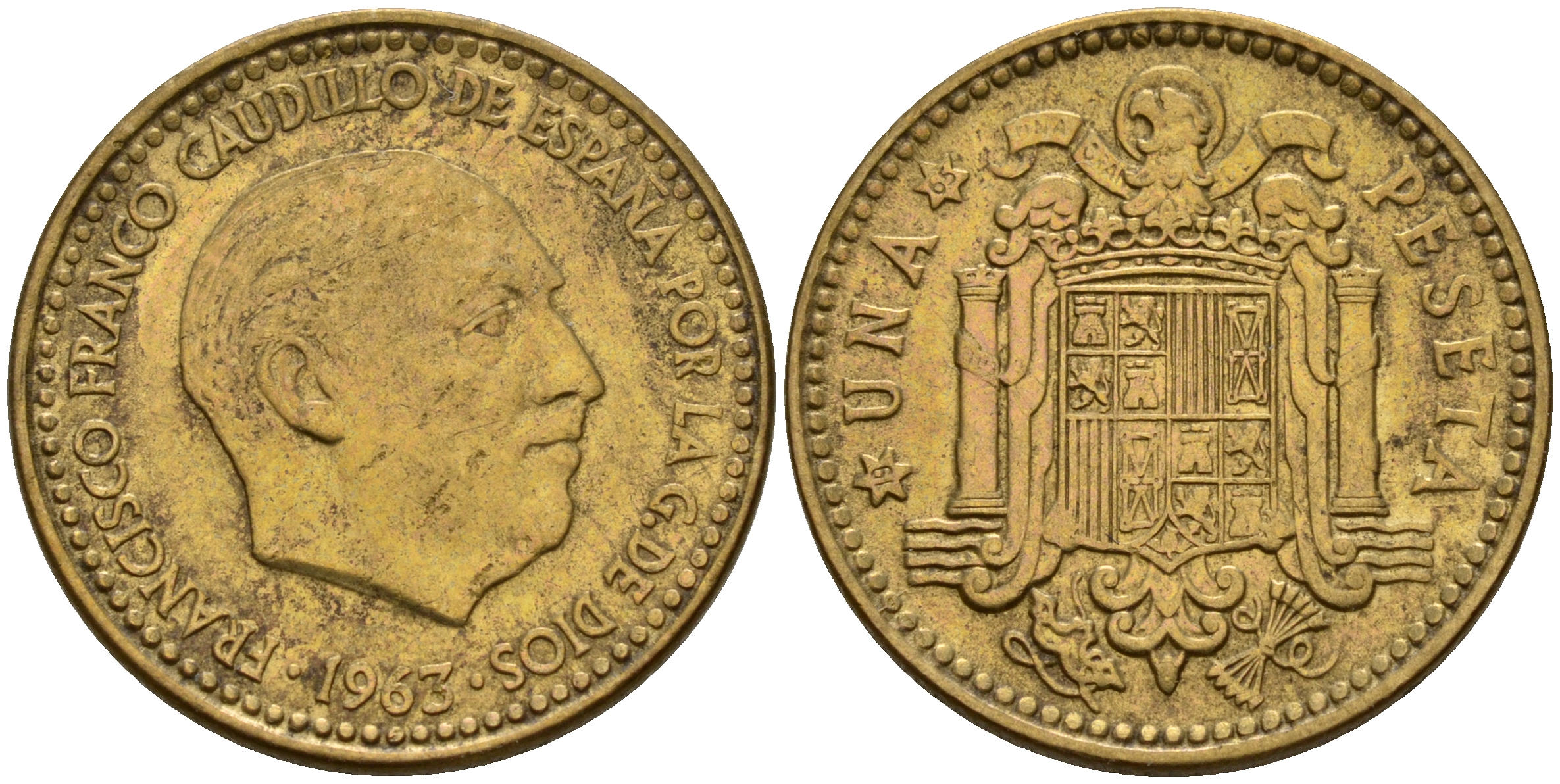 Испания 1 песета 1963 (65) Франсиско Франко (1939-1975) KM 775 алюминиевая бронза    4597-125