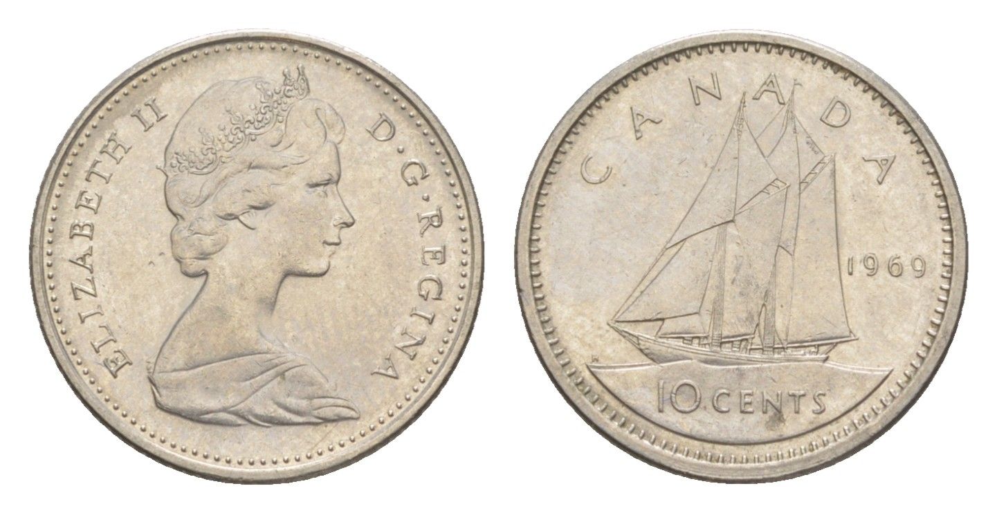 Канада 10 центов 1969 Елизавета II (1952-2022), парусник KM 77 никель 4158-717