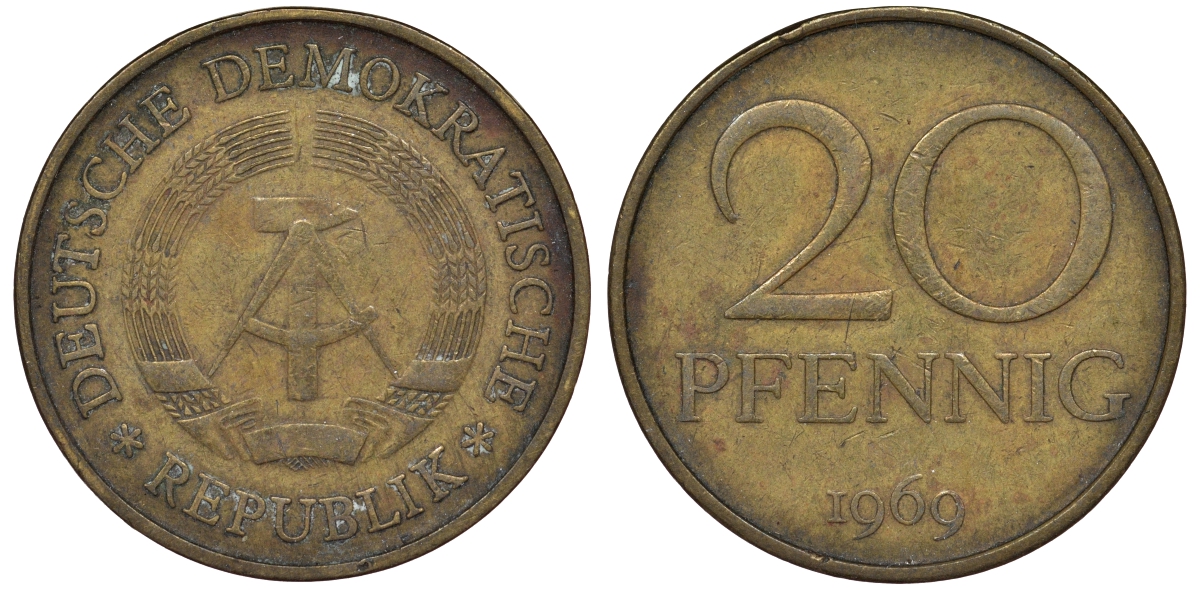 ГДР 20 пфеннигов 1969 А, первый год KM 11 латунь 62-1011