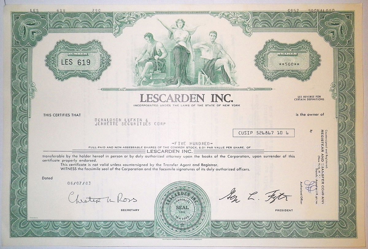 США, Lescarden Inc. 500 акций 1983 бумага 00-00