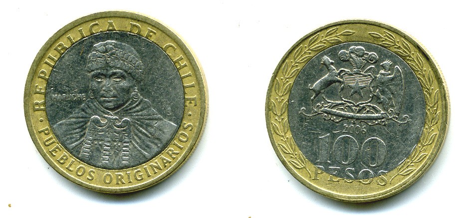 Чили 100 песо 2006 индейцы Мапуче KM 236 биметалл 29-343