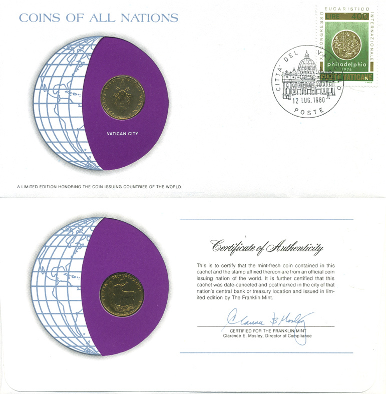 Ватикан 20 лир 1975 XIII, год, конверт с маркой первого дня гашения, Coins of Nations KM 120 алюминиевая бронза UNC 4294-74-3