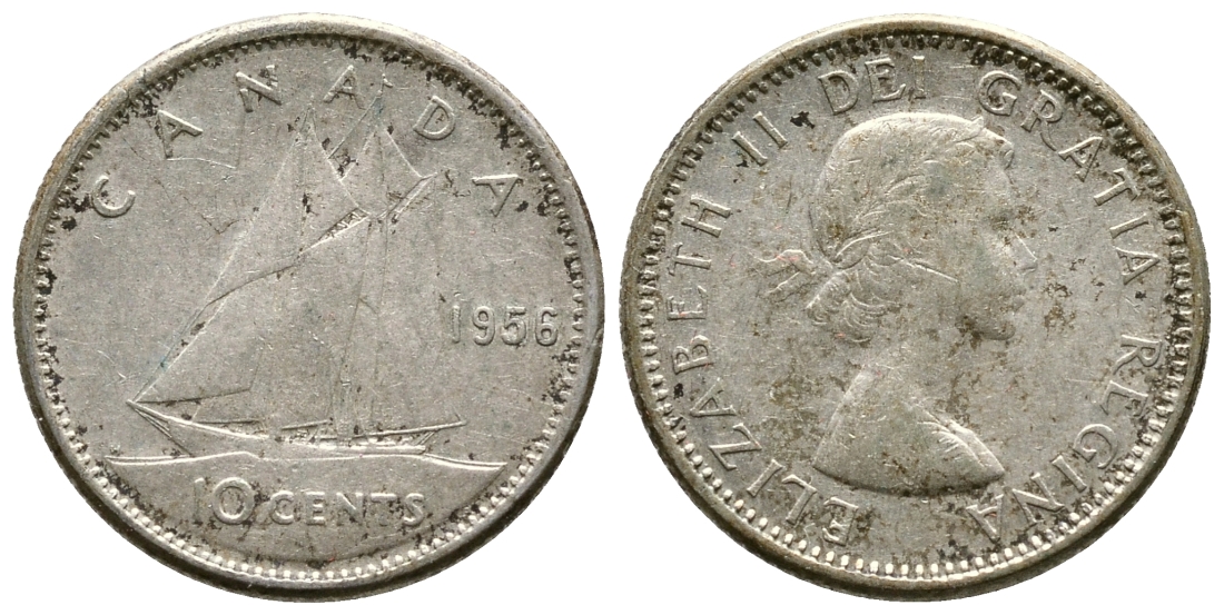 Канада 10 центов 1956 Елизавета II (1952-2022), парусник KM 51 серебро 179-1041