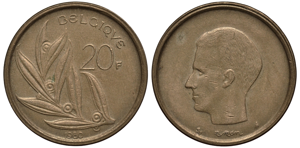 Бельгия 20 франков 1980 Belgique, Бодуэн I (1951-1993) KM 159 никель бронза 4182-633