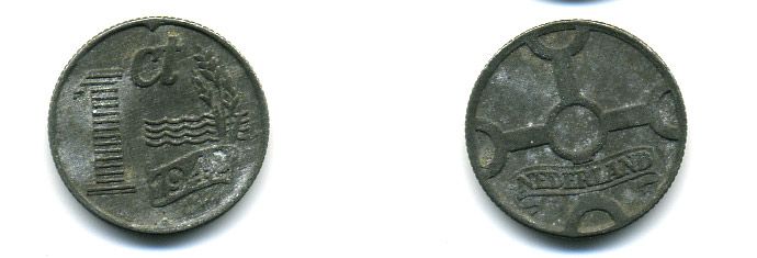 НИДЕРЛАНДЫ 1 ЦЕНТ 1942 ВИЛЬГЕЛЬМИНА (1890-1948) KM 170 цинк 57-411