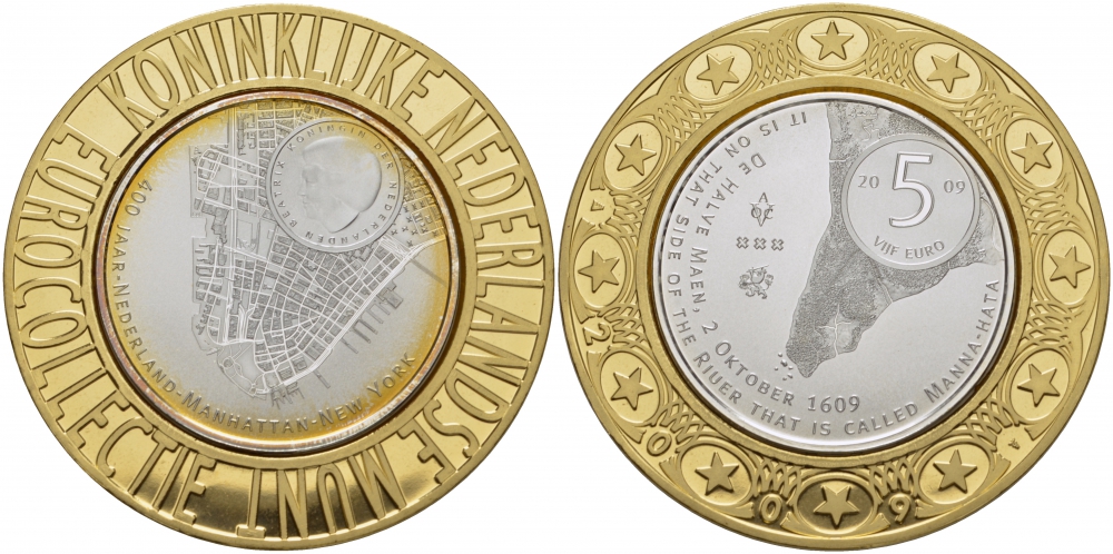 Нидерланды 5 евро 2009 400 лет Манхеттена в Нью-Йорке, евроколлекция Нидерландского монетного двора KM 282 серебро PROOF 11-141-34