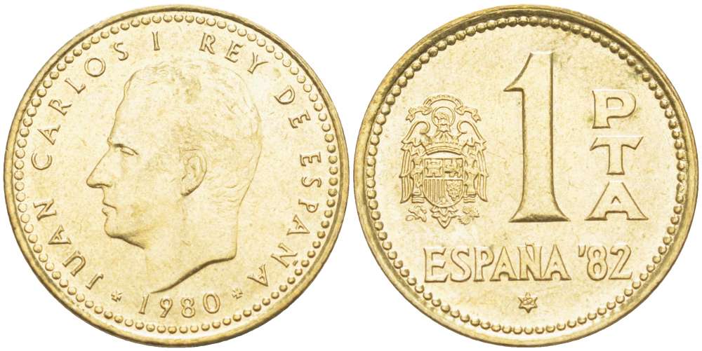 Испания 1 песета 1980 (82) чемпионат мира по футболу в Испании 1982 года, Хуан Карлос I (1975-) KM 816 алюминиевая бронза 4519-922