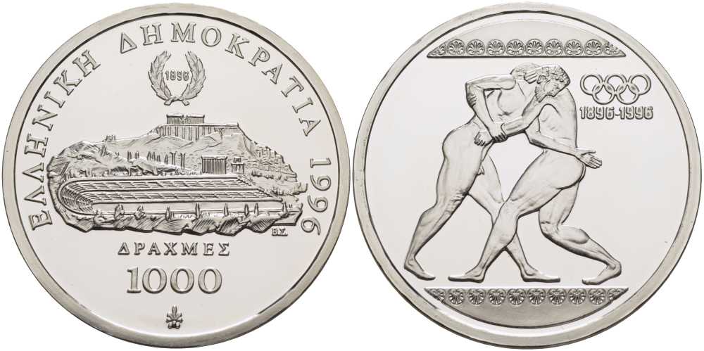 Греция 1000 драхм 1996 ОЛИ100 лет Олимпийским играм - Борьба KM 166 серебро PROOF 1078-1-44