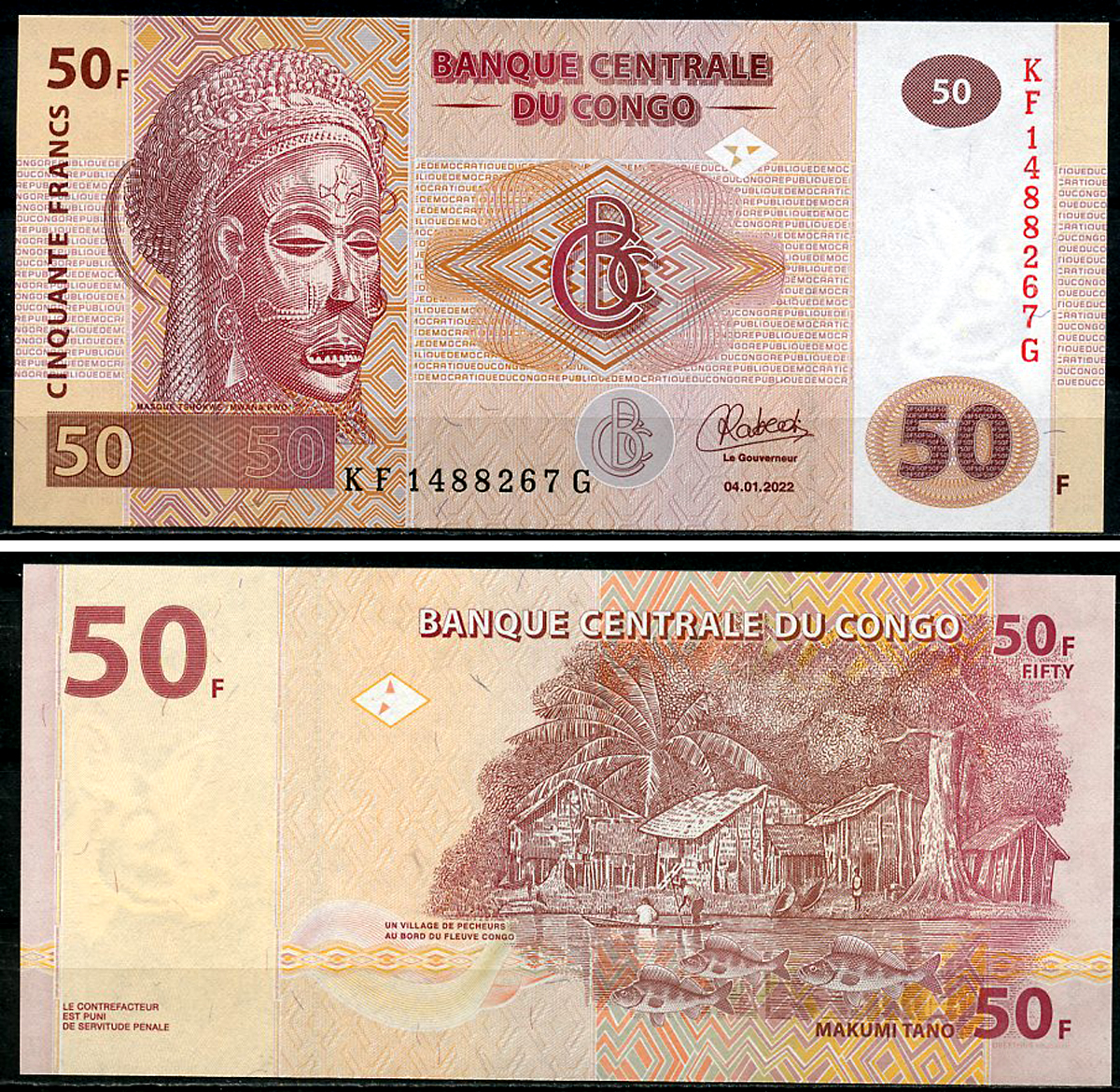 ДР Конго 50 франков 2022 маска Мвана Пво, рыбацкая деревня, Oberthur Fiduciaire, France Pick 97B  бумага  UNC (пресс) 449-76-3